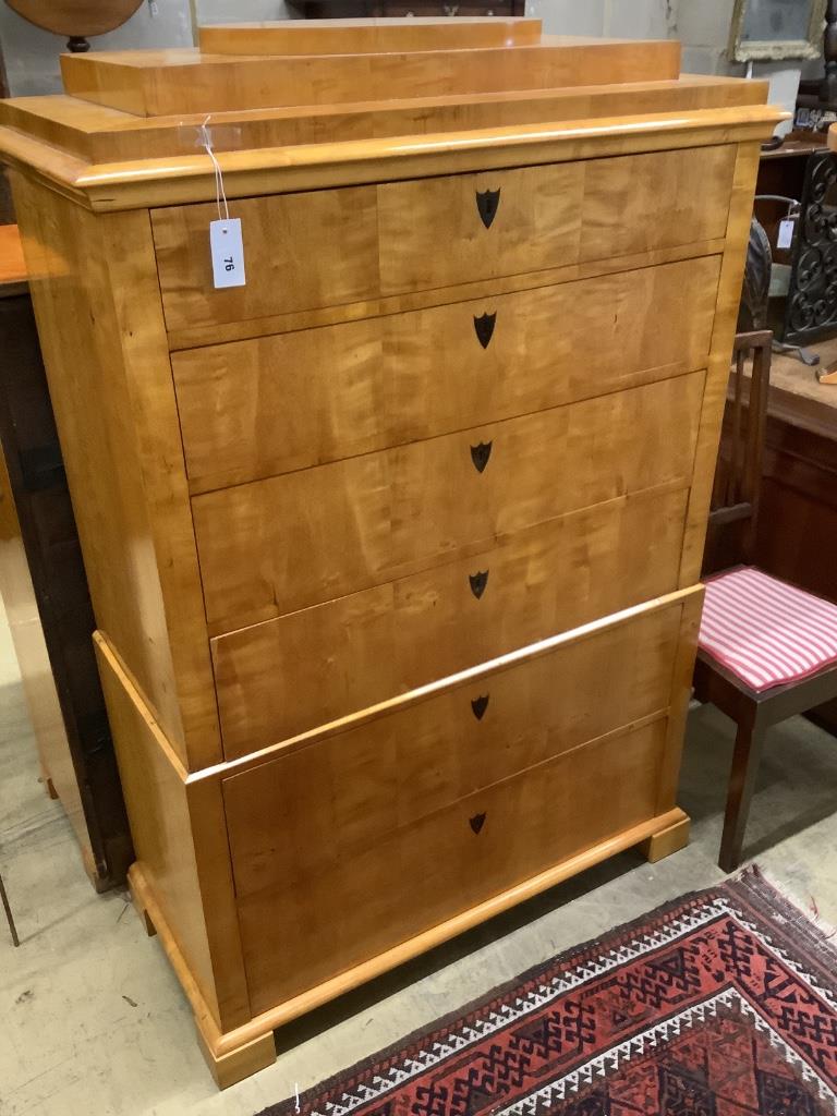 A Biedermier style birch two part six drawer chest, width 102cm, depth 47cm, height 154cm